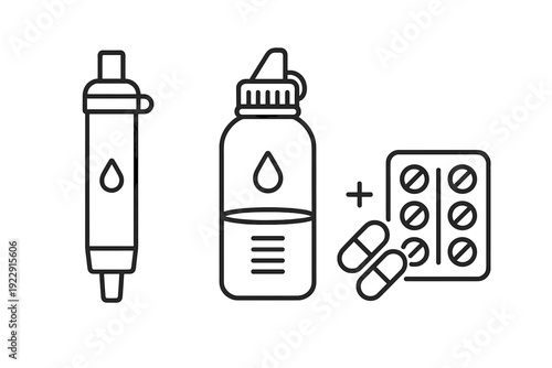 A black and white line art illustration comparing a portable water filter straw with a water bottle and purification tablets, representing different methods for clean drinking water.