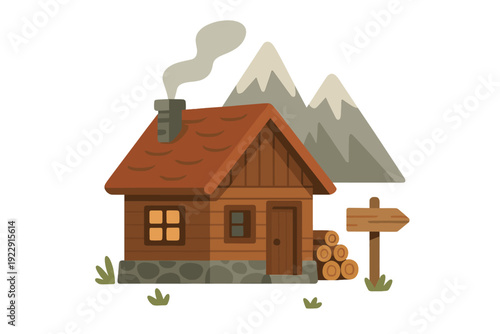 A flat vector illustration of a cozy wooden log cabin with a smoking chimney, situated in front of snow-capped mountains with a pile of logs and a wooden signpost nearby.