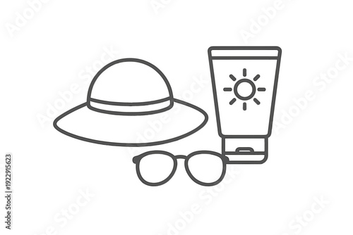 A minimalist line art illustration featuring summer essentials including a wide-brimmed sun hat, a tube of sunscreen with a sun icon, and a pair of sunglasses on a dark background.