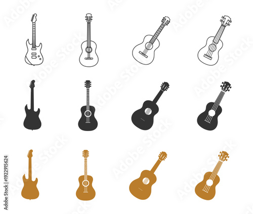 Guitar Icon Set. Acoustic and Electric Guitar Line and Solid Vector Collection