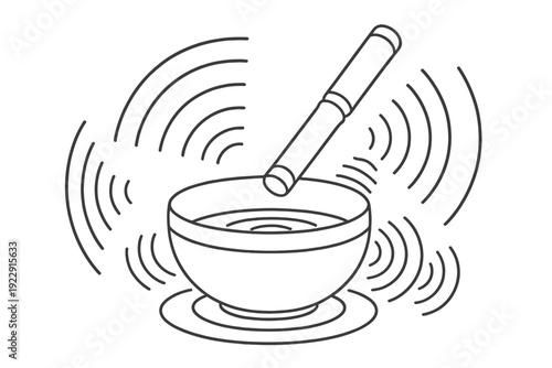 This minimalist line art drawing depicts a Tibetan singing bowl and mallet with sound waves emanating from it. The bowl rests on a circular mat against a dark background.