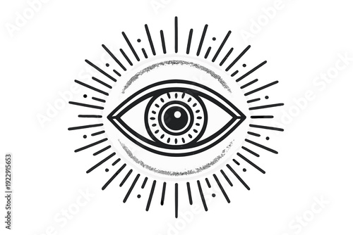 A black and white graphic illustration of a mystical all-seeing eye centered within a glowing sunburst of rays and dots, set against a solid black background for high contrast.