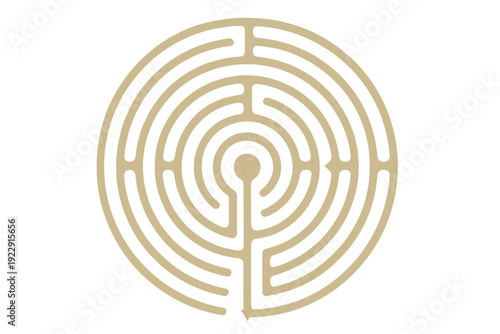 A gold circular labyrinth design is centered on a solid black background. The intricate pattern features concentric paths leading toward a central point in a minimalist style.