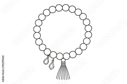 A black and white line art illustration of a beaded bracelet featuring a decorative tassel and two small hanging charms. The circular design consists of uniform round beads.