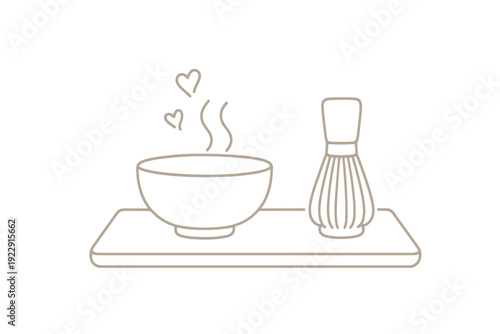 This minimalist line art illustration shows a Japanese matcha tea set with a steaming bowl, hearts, and a bamboo whisk on a tray, set against a solid black background.