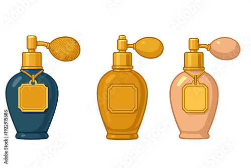 A set of three illustrated vintage perfume bottles with bulb atomizers in blue, gold, and pink shades. The bottles have golden caps and blank hanging labels on a black background.