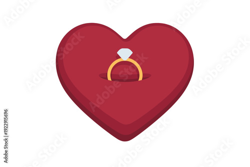 This flat vector illustration features a gold ring with a large diamond set inside a red heart-shaped velvet box. The image is centered on a solid black background for high contrast.