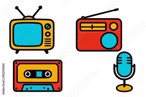 A collection of retro media icons including a yellow television, a red radio, a cassette tape, and a blue microphone, all featuring a colorful halftone texture on a black background.