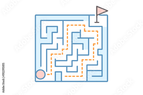 A flat vector illustration of a square maze with a dashed orange line showing the path from a pink circle at the start to a pink flag at the finish line on a light blue background.