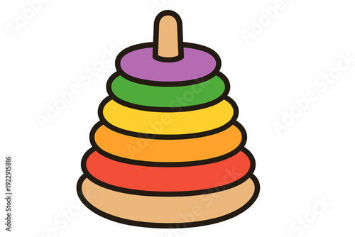 A colorful illustration of a classic ring stacker toy for children, featuring six vibrant rings in purple, green, yellow, orange, red, and tan on a central wooden peg.