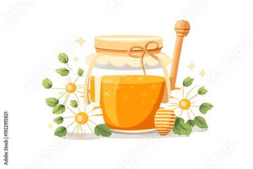 This vector illustration features a glass jar of golden honey with a wooden dipper and yellow flowers. The scene is set against a black background with sparkling stars.