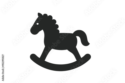 A black silhouette of a classic rocking horse toy is centered on a plain white background. This minimalist graphic represents childhood, play, and nursery decor in a simple style.