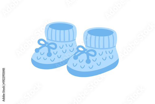 This illustration features a pair of light blue knitted baby booties with decorative bows and ribbed cuffs, presented as a simple cartoon graphic on a black background.