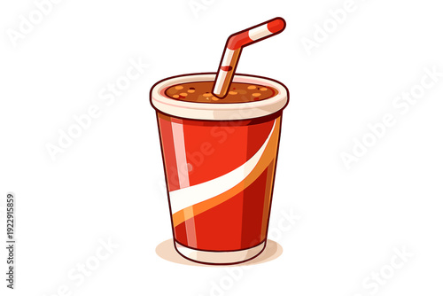 A cartoon illustration of a red paper cup filled with a brown soda drink and a red and white striped straw, isolated on a black background. The cup features a white and orange stripe.