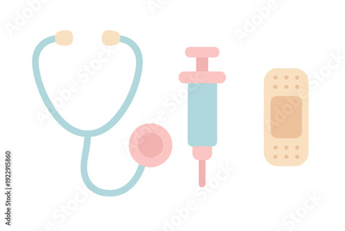 A flat vector illustration displays essential medical equipment including a stethoscope, a syringe, and a bandage in soft pastel colors over a solid black background.