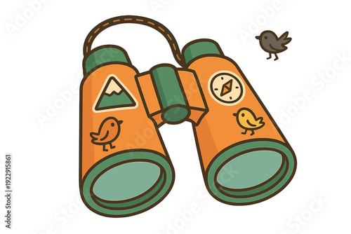 A flat vector illustration features a pair of orange binoculars with green lenses and decorative stickers. A small bird is flying next to the binoculars with a brown strap.