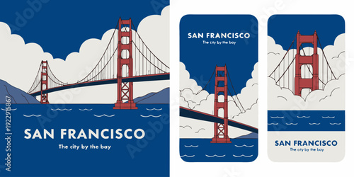 USA, US, U.S, United States - Set of cards Flat vector Golden Gate Bridge SVG with fog overlay effect, muted red and gray palette banner, card, flyer