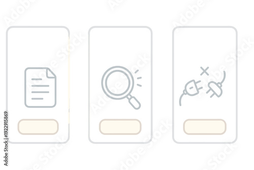 Three vertical panels showing minimalist icons of a document, a magnifying glass, and disconnected power plugs on a black background. Each panel includes a button at the bottom.