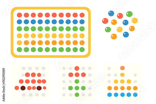 This educational pegboard toy includes a tray filled with colorful pegs and three pattern cards showing a car, a flower, and a triangle. It is designed for early childhood development.