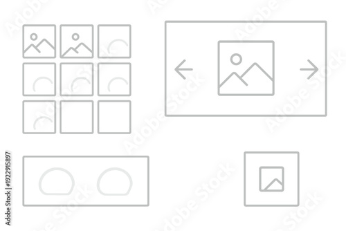 This set of white line icons on a black background features image gallery grids, a photo carousel with navigation arrows, and various user interface elements for media applications.