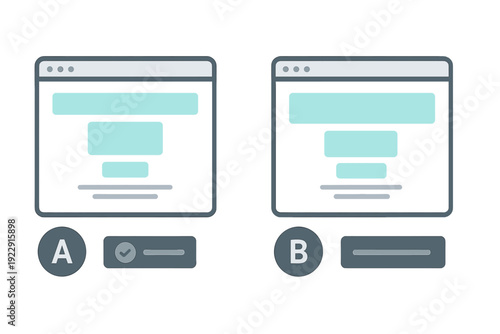 A flat vector illustration depicting two web browser windows labeled A and B for split testing. A checkmark icon indicates a selection between two different user interface layouts.