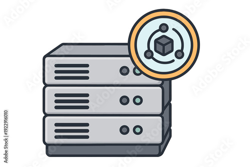 This flat vector illustration features a gray server rack with three units and a circular icon containing a cube and nodes, symbolizing data storage and network connectivity.