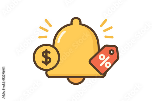 A flat design illustration of a yellow notification bell accompanied by a dollar coin and a red discount price tag, symbolizing price alerts and shopping deals on a black background.