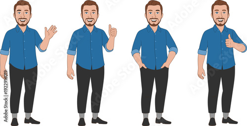 Bearded young man character set with waving and thumbs up gestures, casual male in blue shirt and black pants flat vector illustration