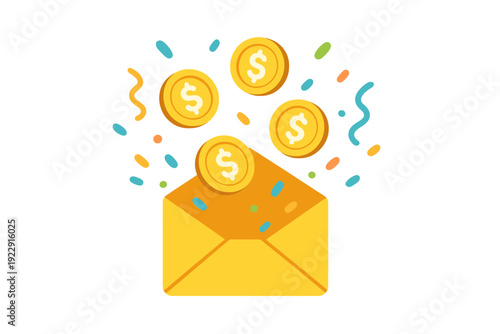 This flat vector illustration shows a yellow envelope with gold dollar coins and colorful confetti popping out, symbolizing financial success, a bonus, or a monetary gift.