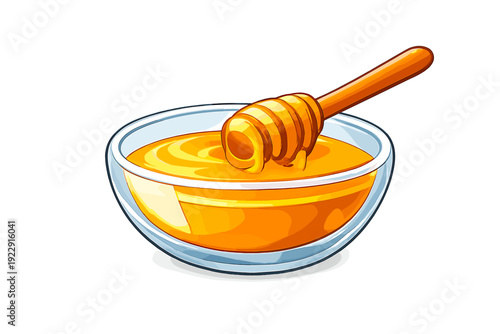A glossy digital illustration of a clear glass bowl filled with golden honey and a wooden honey dipper resting on top. The artwork is isolated against a solid black background.