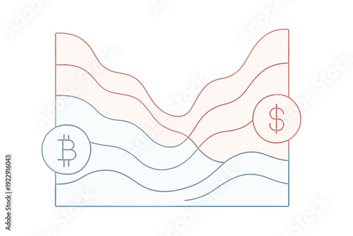 This abstract graphic depicts a financial market chart with undulating lines, incorporating a bitcoin icon and a dollar symbol to represent currency exchange and volatility.