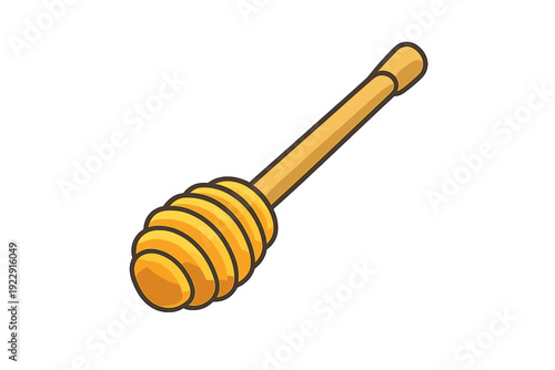 A cartoon illustration of a wooden honey dipper with a grooved head and a long handle, isolated on a black background. The object features warm yellow and golden tones.