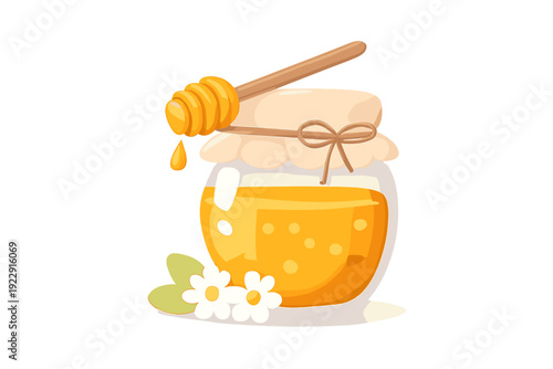A cartoon illustration of a glass jar filled with golden honey, featuring a wooden dipper with a drop and white flowers at the base. The jar has a cloth lid tied with a string.