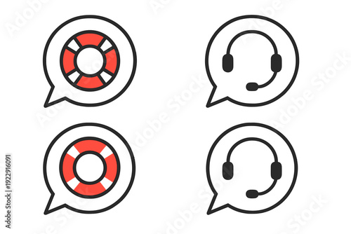 A set of four flat vector icons inside speech bubbles showing a red lifebuoy and a black headset. These graphics represent online help, customer service, and technical support concepts.