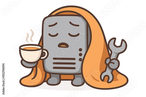 A sad cartoon server character wrapped in a warm orange blanket holds a cup of hot coffee and a wrench. This illustration depicts technology maintenance and system downtime.