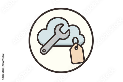 This circular icon displays a light blue cloud with a grey wrench and a tan price tag. It symbolizes cloud computing maintenance, technical support, and service costs in a flat style.