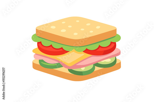 This flat vector illustration features a delicious layered sandwich with fresh lettuce, red tomato slices, yellow cheese, pink ham, and green cucumbers on square bread.