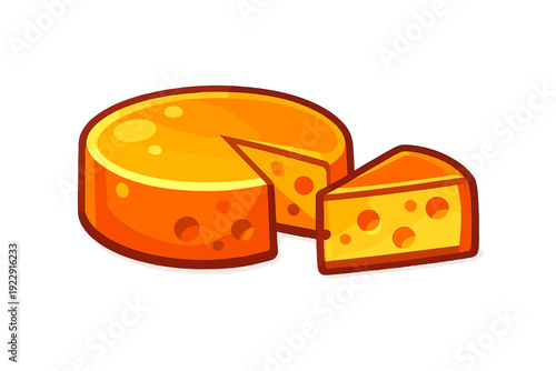 A vibrant cartoon illustration of a round yellow cheese wheel with a single wedge cut out and placed beside it, featuring several holes and set against a solid black background.