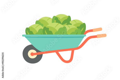 A flat vector illustration of a teal wheelbarrow with an orange frame and handles, filled to the brim with several heads of fresh green cabbage against a black background.