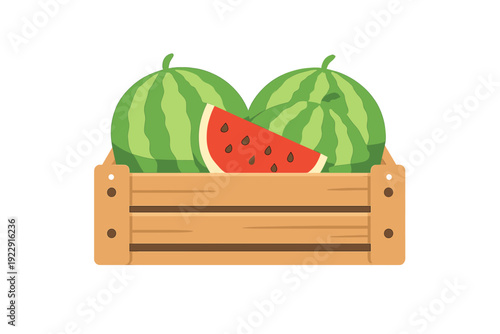 This flat vector illustration features two whole green watermelons and a juicy red slice with black seeds placed inside a wooden crate, set against a plain black background.