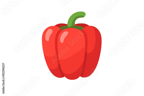 This vector illustration features a ripe red bell pepper with a green stem and glossy highlights. The simple flat design style makes it ideal for culinary and healthy eating themes.