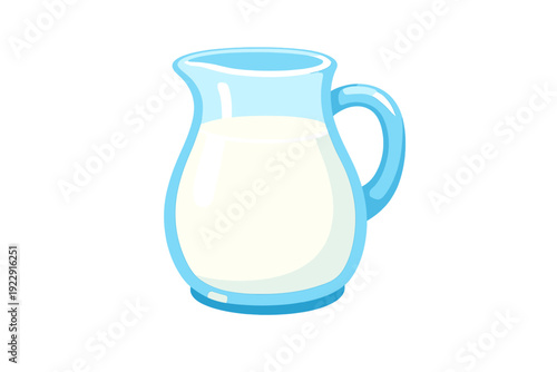 A cartoon illustration of a light blue glass pitcher filled with fresh white milk, isolated on a solid black background. The jug features a curved handle and a wide spout.