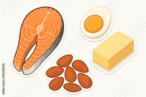 An illustration of various healthy food items including a salmon steak, a boiled egg, a block of butter, and a group of almonds, presented as stickers on a plain white background.