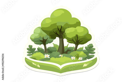 A stylized digital illustration of three green trees standing on a grassy patch with small white flowers enclosed in a white-bordered badge shape against a black background.