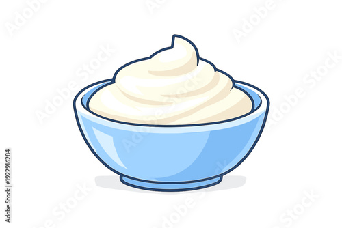 This digital illustration features a light blue ceramic bowl filled with a smooth swirl of white cream or yogurt, presented on a solid black background with clean lines.