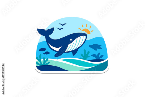 A flat design sticker illustration featuring a large blue whale in the sea. The scene includes ocean waves, coral reefs, small fish, birds, and a bright sun in a clear sky.