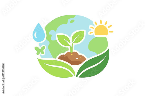 A stylized illustration of planet Earth featuring a small green plant growing from soil, accompanied by a water drop, a sun, and a butterfly, all cradled by two large green leaves.