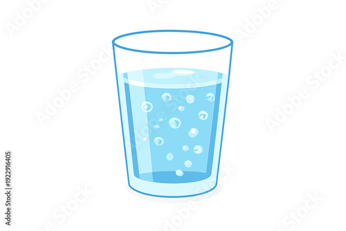 A simple vector illustration of a clear glass filled with refreshing blue water and rising bubbles, isolated against a solid black background for a clean and modern look.
