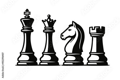 A black and white illustration featuring four chess pieces: a king, a queen, a knight, and a rook, arranged in a row against a plain white background in a minimalist graphic style.