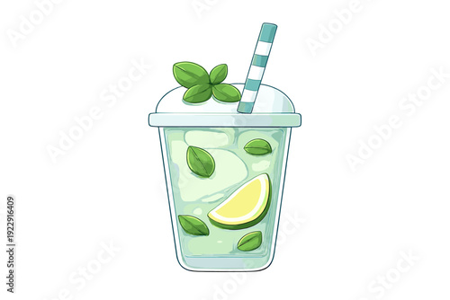 A digital illustration of a refreshing lime and mint beverage in a clear plastic cup with a striped straw and ice cubes, isolated against a solid black background.